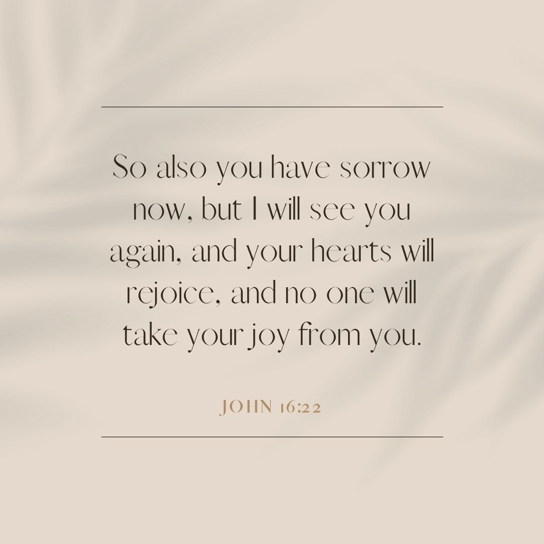 “So also you have sorrow now, but I will see you again, and your hearts will rejoice, and no one will take your joy from you.” – John 16:22