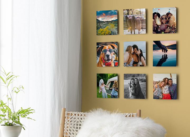 Nine custom photo tiles as wall decor and featuring pictures of family and pets