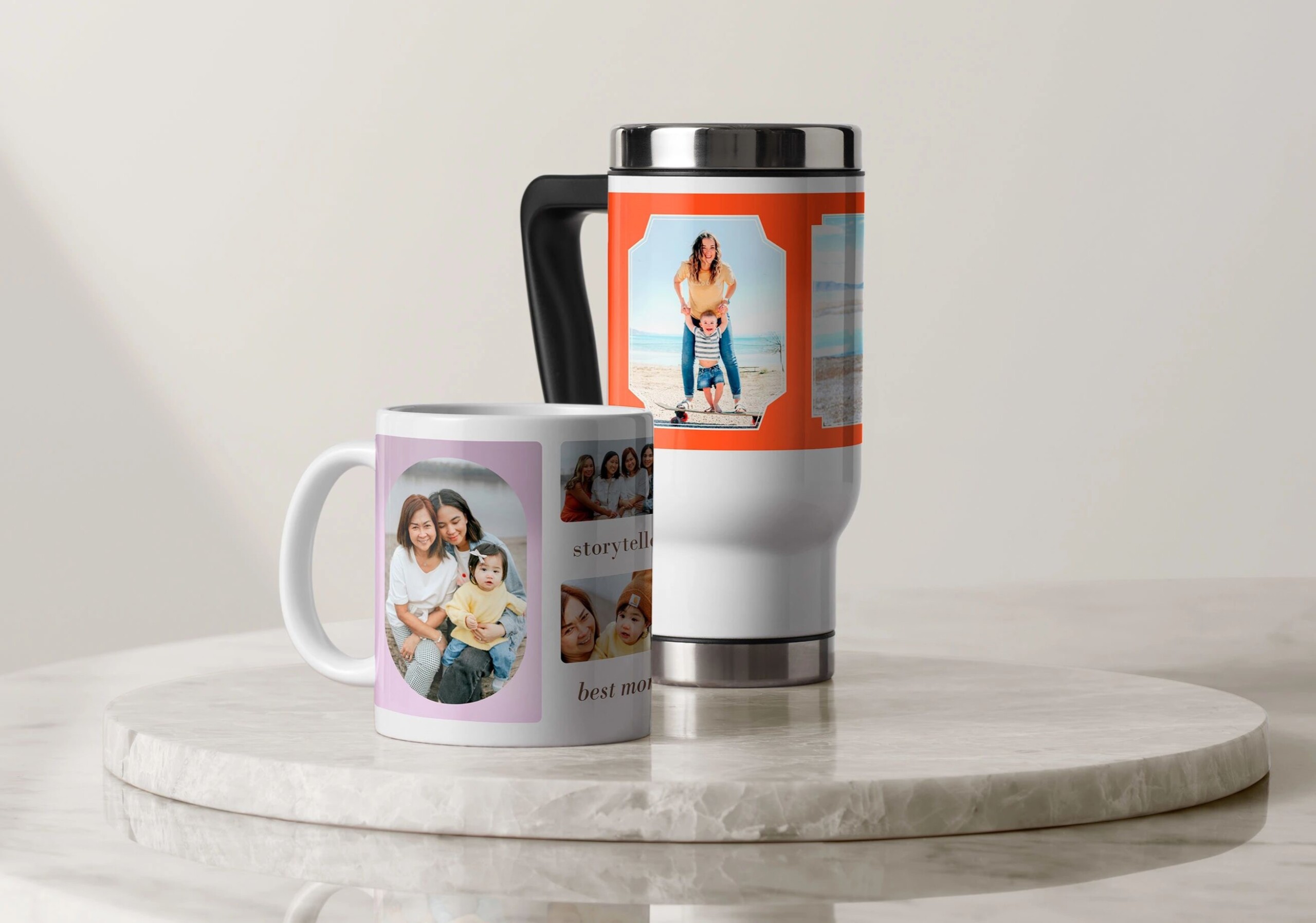 custom drinkware like a photo coffee mug and travel mug