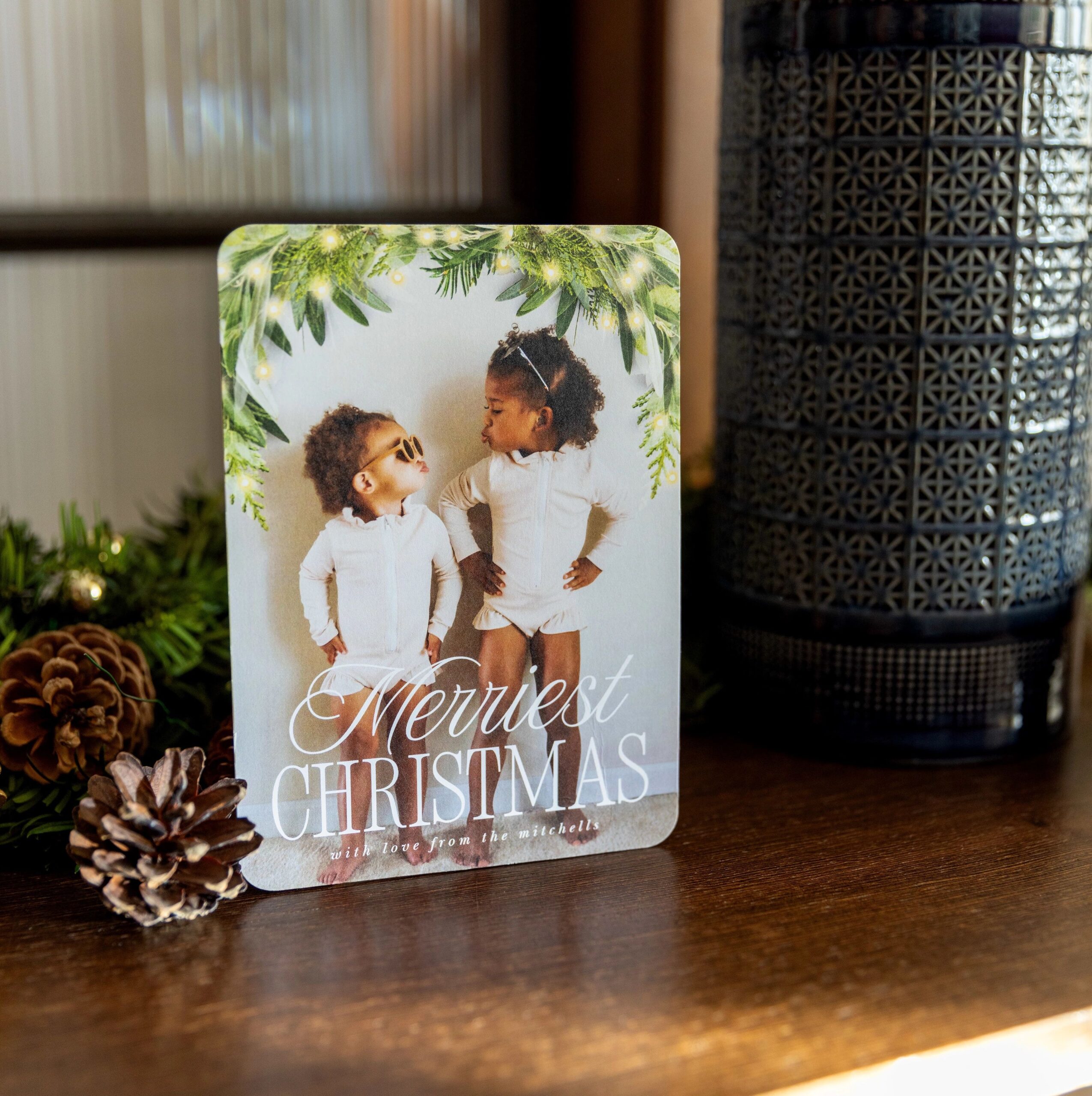 merriest christmas card with photo of two young girls