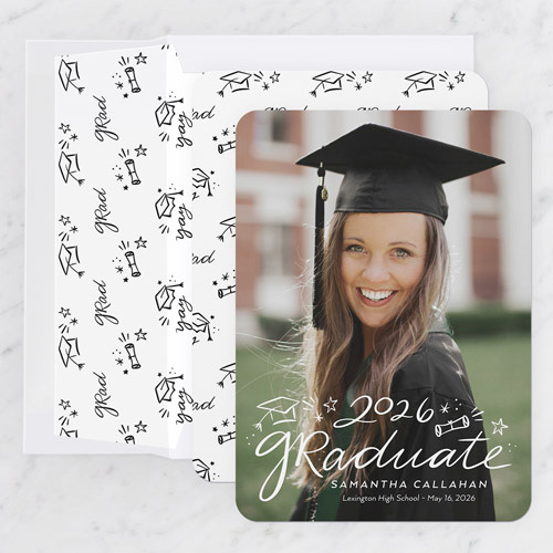 girl wearing cap and gown on graduation announcement