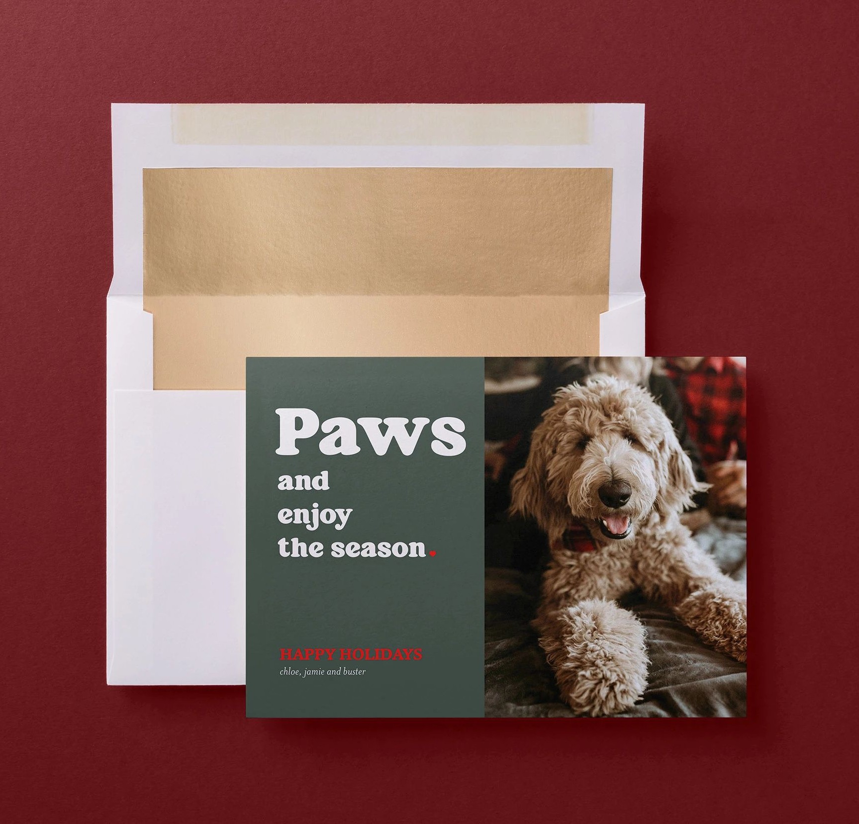 christmas card with a photo of a dog and the greeting "paws and enjoy the season"