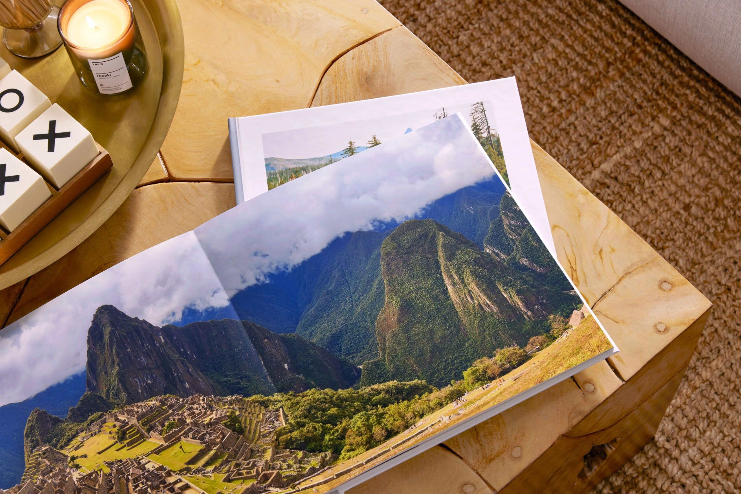 open photo book with picture of scenery