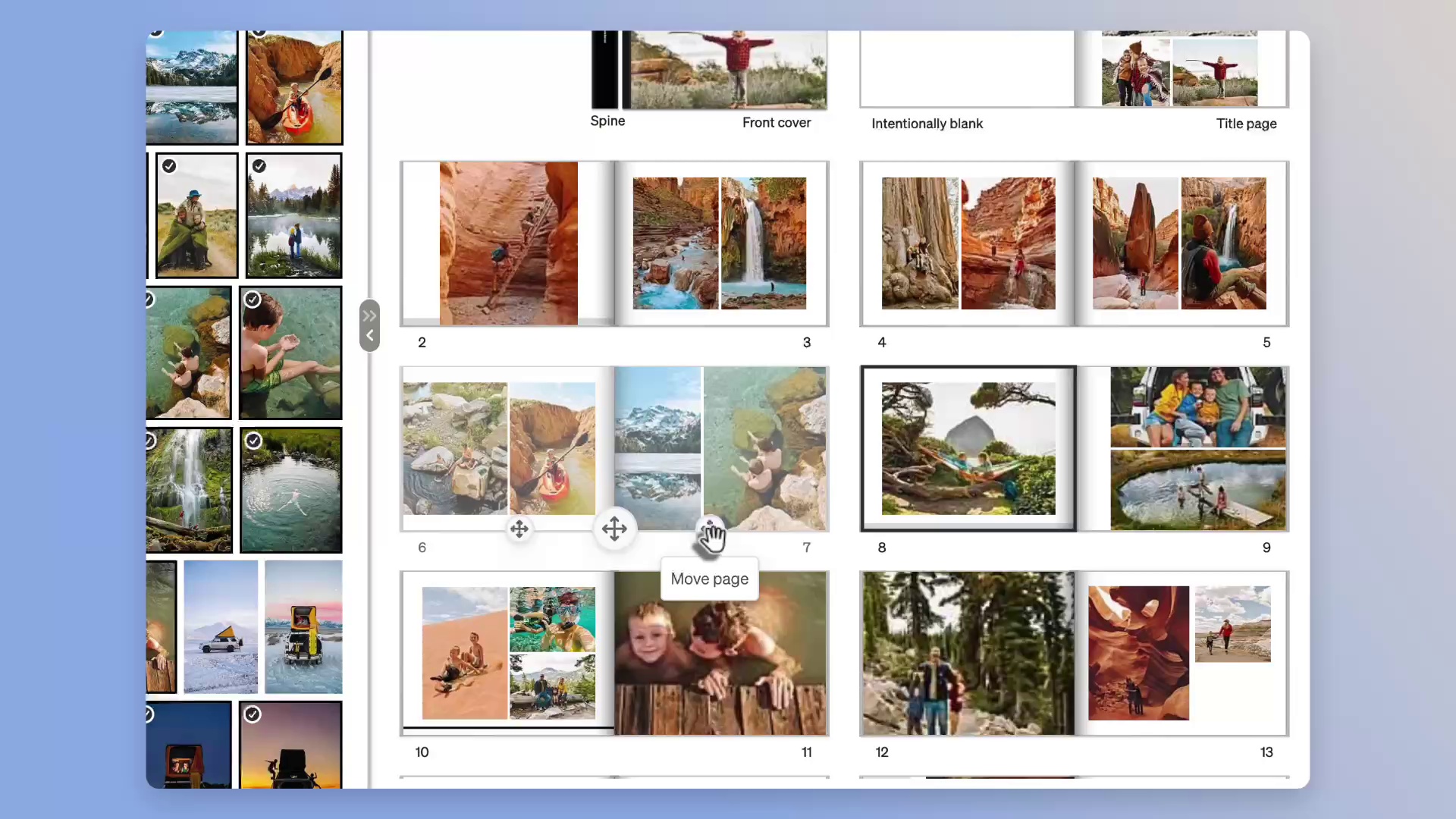 moving full page spread in shutterfly photo book builder storyboard view