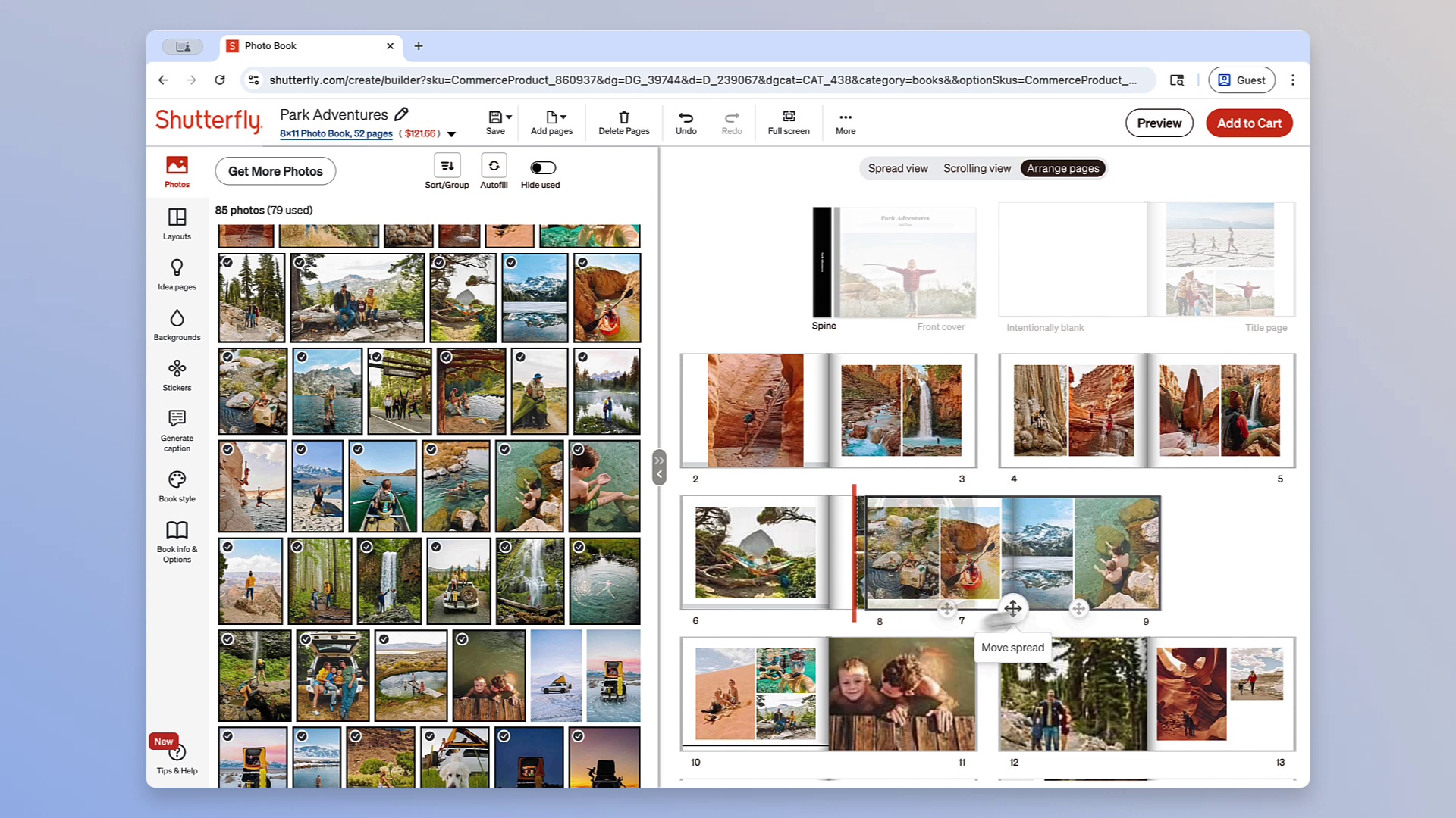moving page spread in shutterfly photo book builder storyboard view