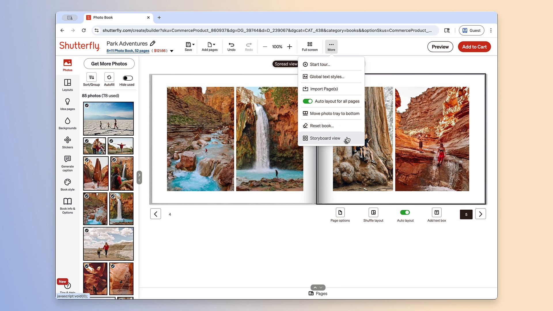 storyboard view shutterfly photo book builder top menu